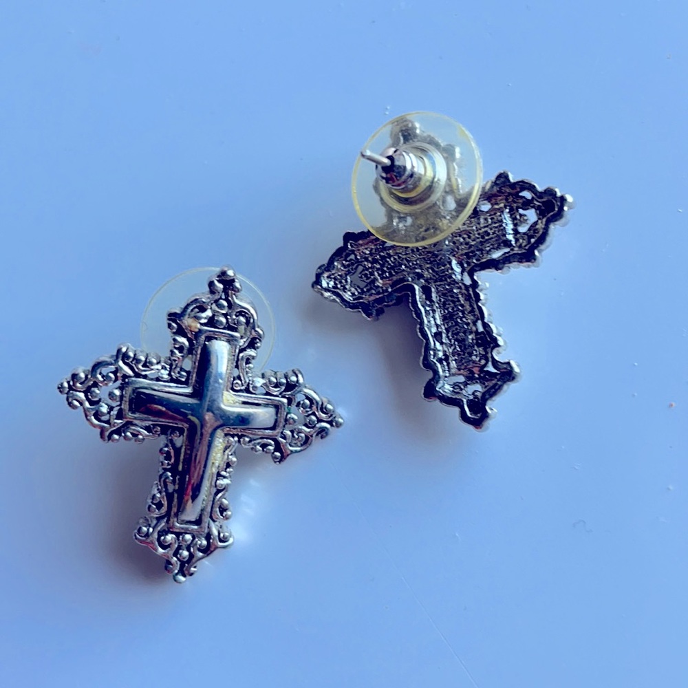 Cross Earrings Silver Filigree Post - Picture 2 of 3
